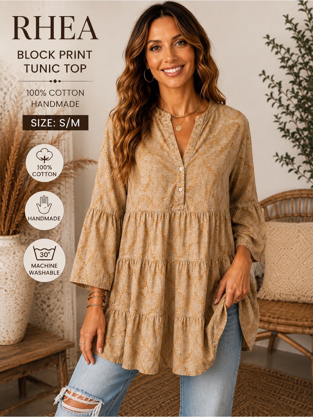 Rhea NWT Brown Block Print Tunic Top S/M Boho Cotton Handmade A22
